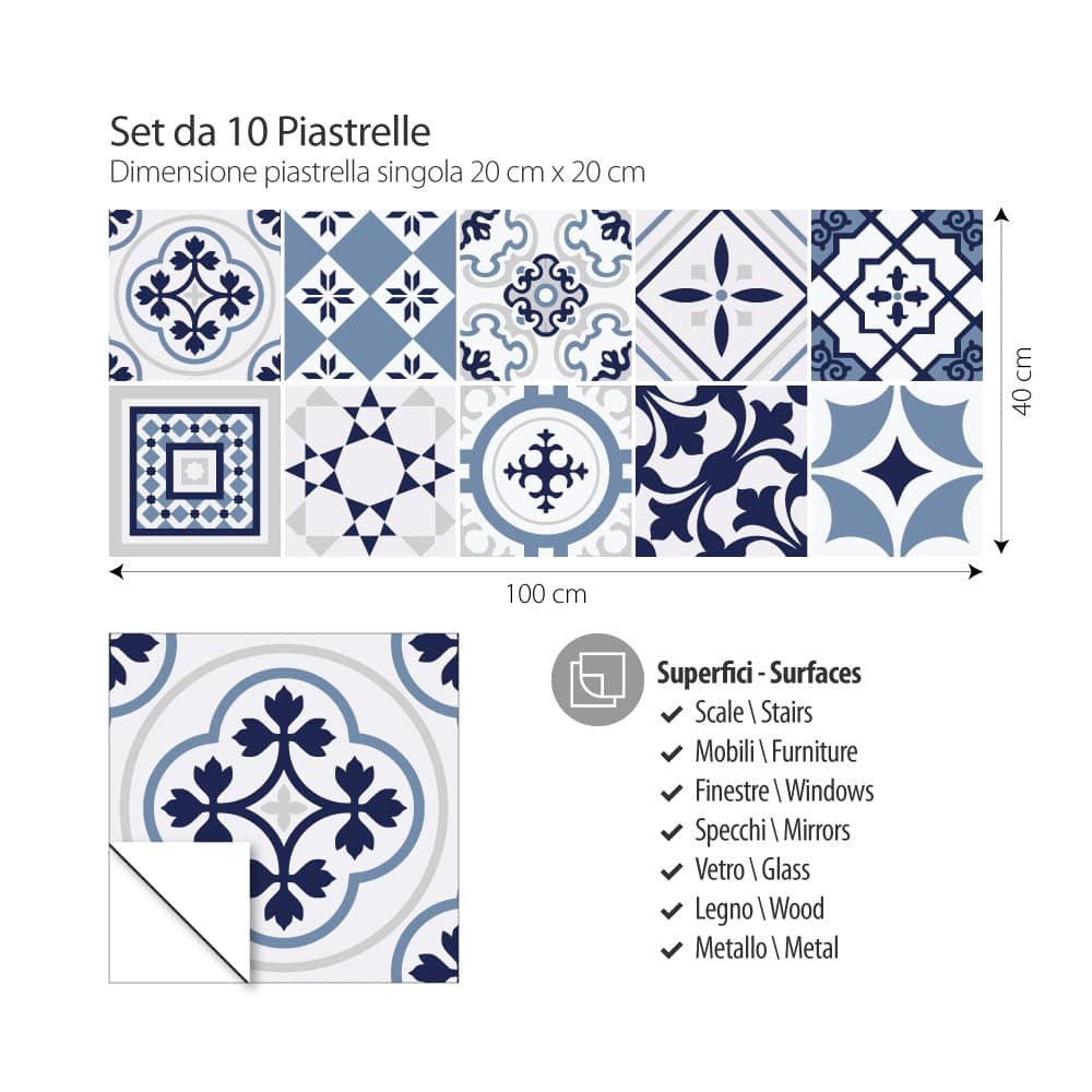RE-COVERTILES - Pegatinas Azulejos Cocina y Baño Stickers de PVC Impermeables Antiarañazos Decoración de Pared Baldosas Peel and Stick - Modelo 10 Pzas 20x20 cm PS00099 Made in Italy — view 2