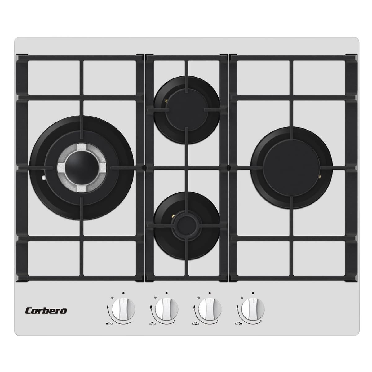 Corberó - Placa Gas Cristal LUX | CPCGM4F4126W | 4 Zonas | Potencia 8.05kW | Autoencendido | Zona WOK | Capa protección Clean + | Desconexión Automática | Cristal Blanco
