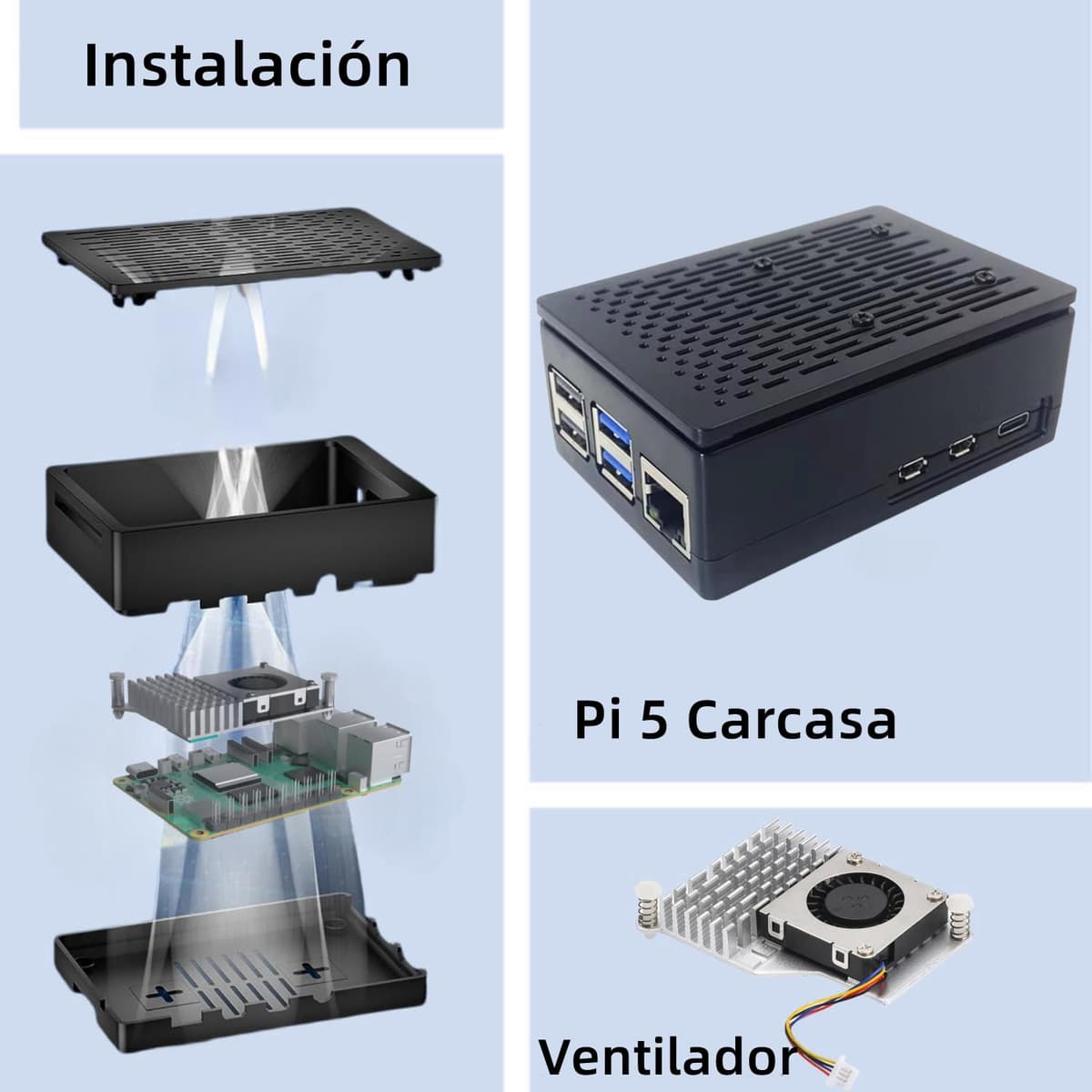 Vemico Raspberry Pi 5 16GB Starter Kit Tarjeta 64GB Pi 5 Carcasa con Active Cooler Fuente de alimentación 27W 5.1V5A USB-C 2 HD out Cables USB Lector de Tarjetas Adaptadores de Tarjetas — view 4