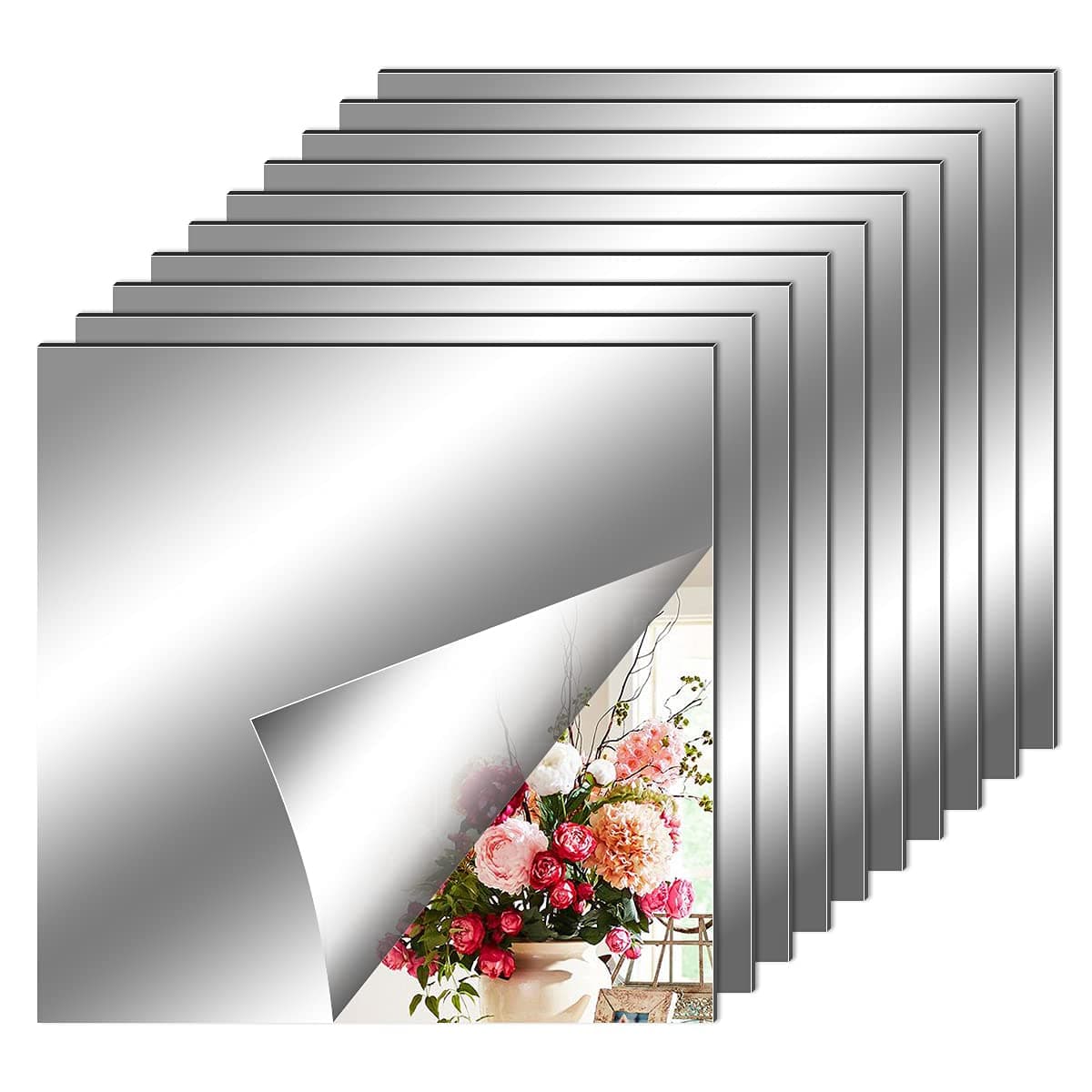 10 Pack Self Adhesive Mirror Tiles, 6 x 6inch(2mm Thick) Flexible Non Glass Stick on Mirror Stickers for Home Wall Decoration — view 10