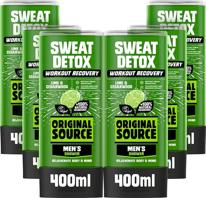 Original Source Men's Workout Recovery Sweat Detox Shower Gel, Vegan Shower Gel, Paraben Free Body Shower, 100% Natural Fragrance, Men's Workout, Men's Body Wash, Multipack of 6 x 400ml