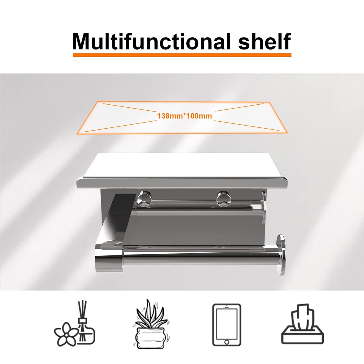 Ibergrif MK34053 - Portarrollos Adhesivo Sin Tapa de Papel Higiénico con el Teléfono Móvil Estante de Almacenamiento, Plata, Acero Inoxidable — view 3