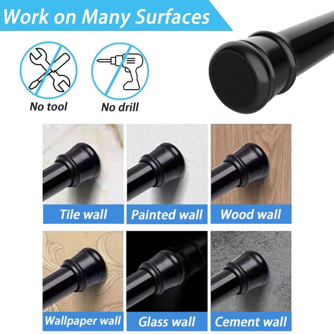 1PC Tension Rod No Drill Shower Curtain Pole Extendable Curtain Poles Shower Curtain Rail for Bathroom, Window, Door, Wardrobe, 83-160CM/32.68-62.99Inch(Diameter:25mm) Black — view 5