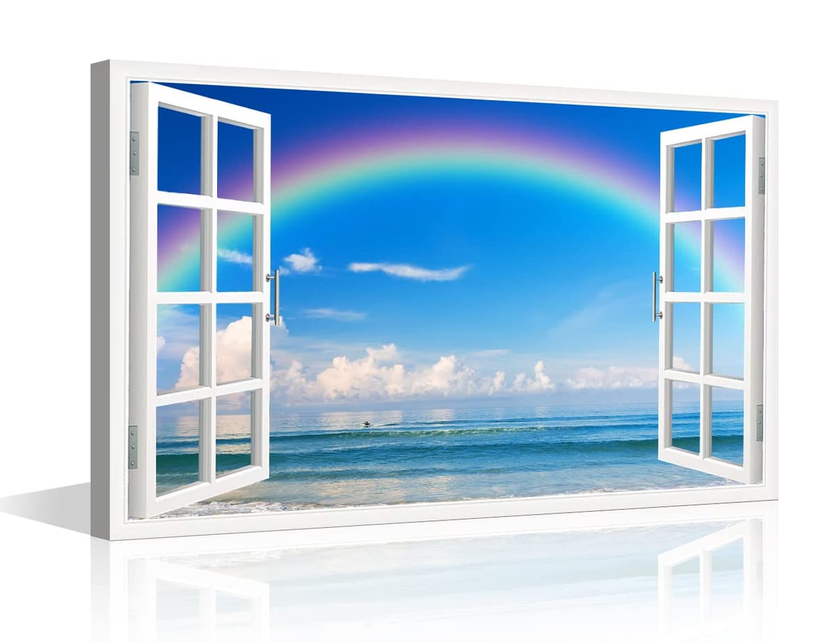 TISHIRON 3D Window View Seaside Effect Canvas Wall Art Prints for Living Room Bedroom Decor Office Kitchen Home Decoration Framed Ready to Hang 12x18inch — view 28