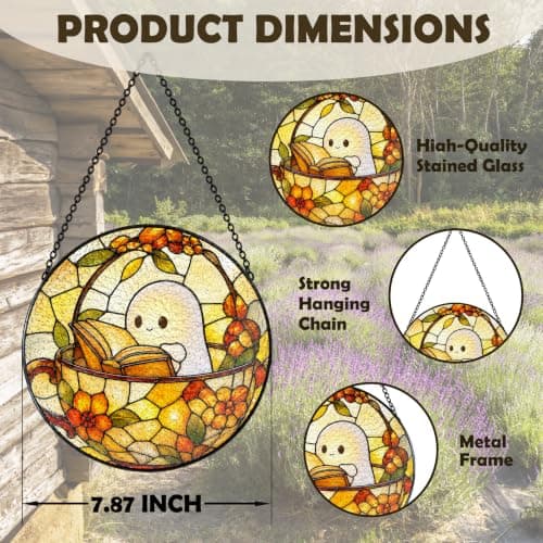 RUKUPA Book Lover Ghost Halloween Stained Glass Window Suncatcher 7.9x7.9 — view 5