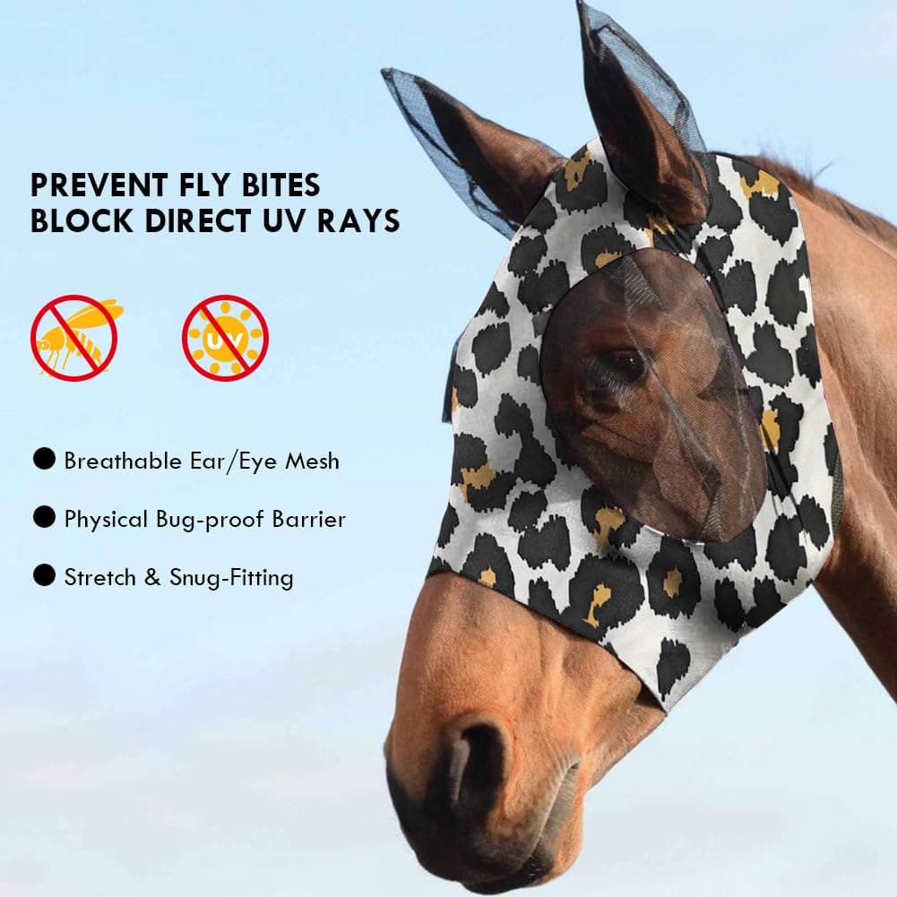Máscara Antimoscas para Caballos, 1PCS Máscara de Mosca de Caballo con Orejeras,Estampado de Leopardo Máscaras Faciales para Caballos Anti-UV, Malla Transpirable, máscara de Freno elástica. — view 3