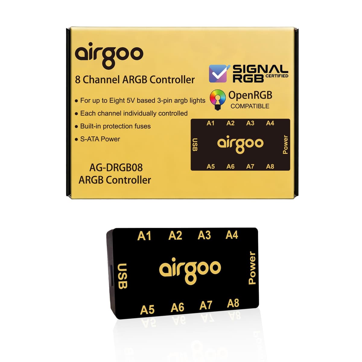 airgoo Magnetic 8-Port ARGB Controller, Compact SATA Powered ARGB PC Lighting Hub, Easy Install for Mini & Mid-Tower Cases, Compatible with SignalRGB & OpenRGB, AG-DRGB08