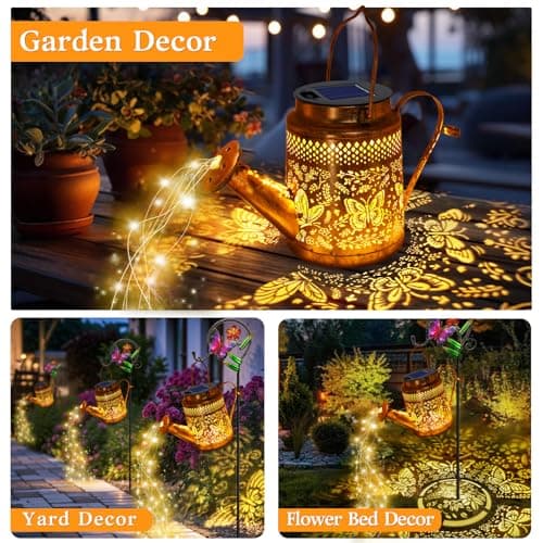 2 Pack Solar Powered Butterfly Watering Can Lights Waterproof Outdoor Decor with Shepherd Hook Hanging Patio Lights for Yard, Garden, Backyard Perfect Gardening Birthday Gift for Women, Mom, Grandma