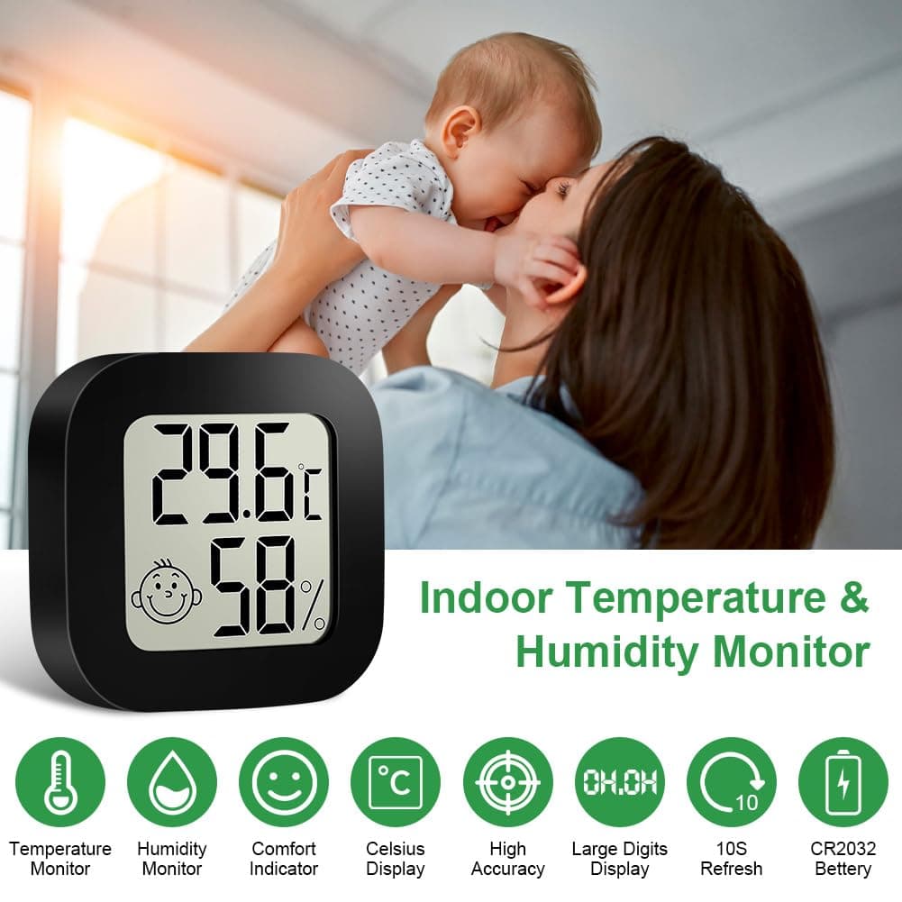 Ainiv Digital Hygrometer Indoor Thermometer, Mini Room Thermometer with LCD Display and Face Lcons, Humidity Gauge with Temperature Humidity Monitor for Bedroom, Baby Room, Warehouse, Cellar, Car — view 4