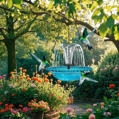 Hanging Solar Bird Bath Fountain - Cascading Water Feature for Garden, Solar Powered Bird Bath Fountain Outdoor, Hanging Bird Bath with Solar Fountain for Patio Yard Decor (Blue) — view 3