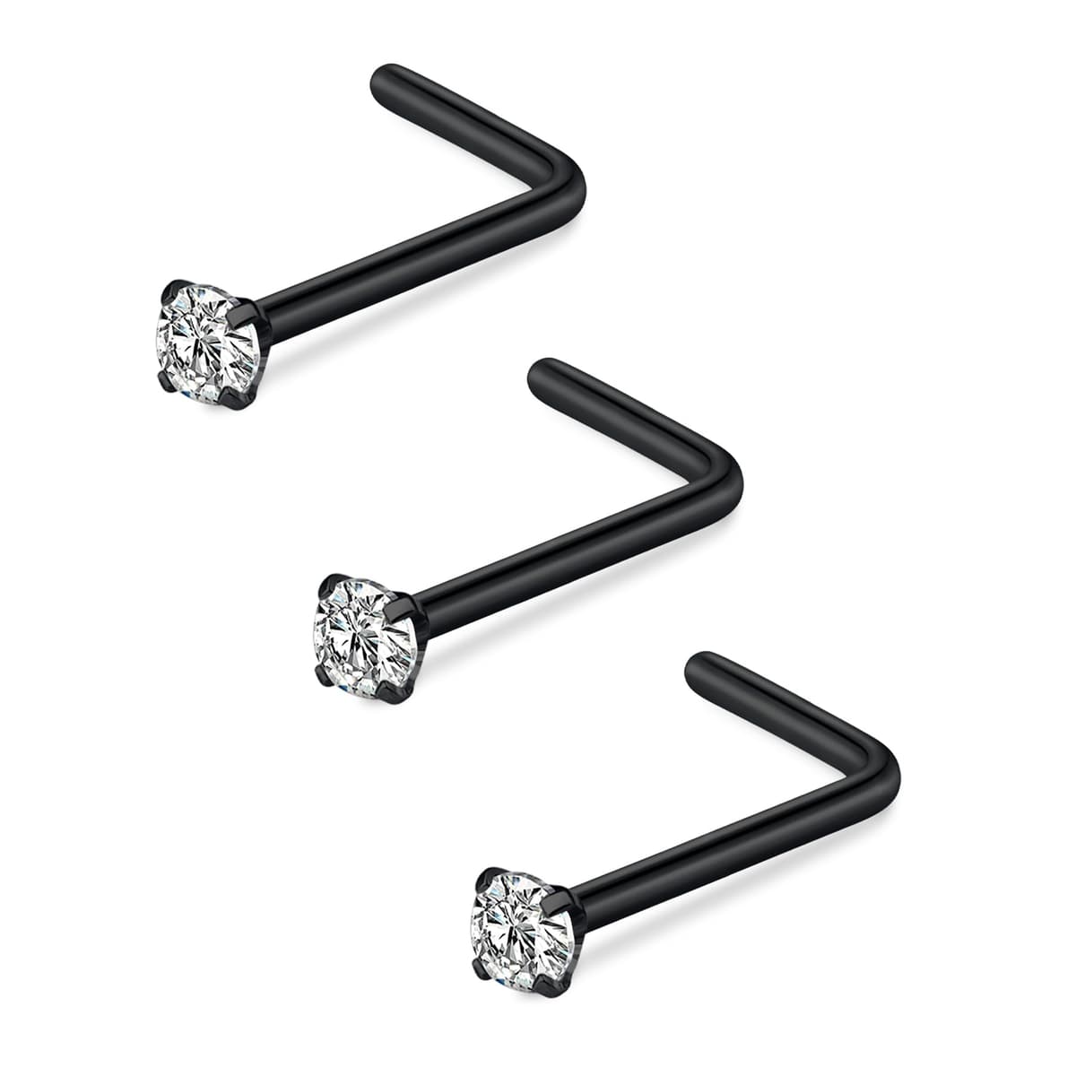 FECTAS Nose Stud L Shape Nose Ring Stud Nose Bar 18G 20G 1.5mm 2mm 2.5mm 3mm L Shaped Nose Piercing Jewellery Stainless Steel Clear Pink Blue Round Star Heart Diamond Silver Gold Black — view 2