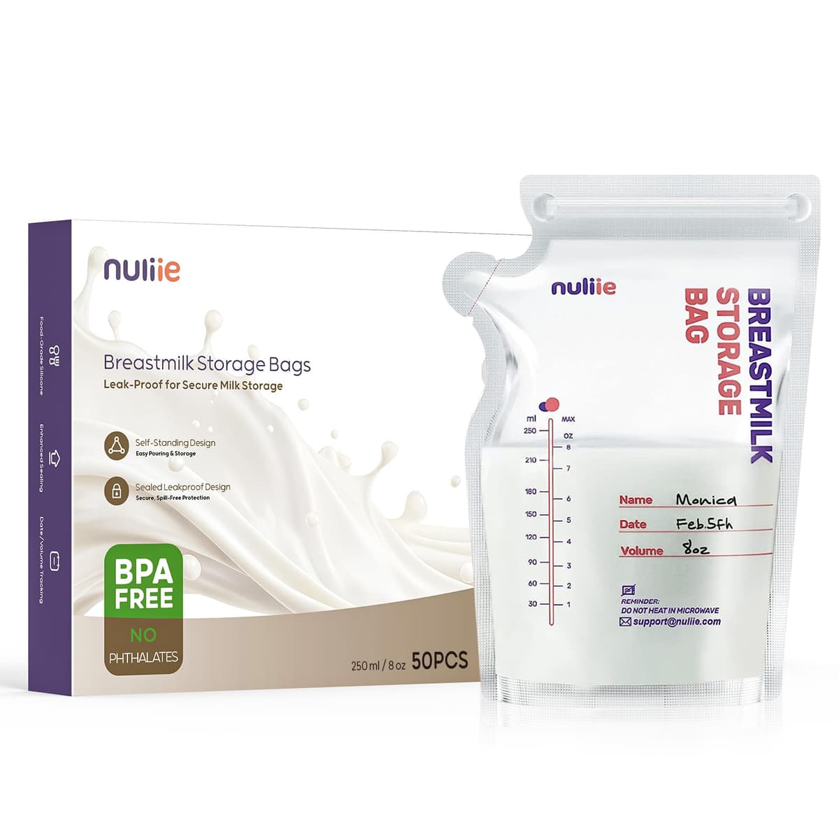 Nuliie 120 Pcs Breast Milk Storage Bags, 250ml BPA Free Milk Storage Bags with Pour Spout for Breastfeeding, Self-Standing or Flat Pre-sterilised Bag, Space Saving for Fridge or Freezer Use — view 10