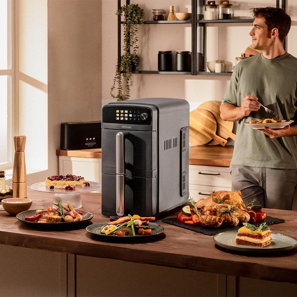 Cecotec Freidora de Aire de 10L con Cubetas Superpuestas Cecofry DuoLevel 10000. 2400W, Cubetas de 5L, Control Táctil, 6 Programas Preconfigurados para una Cocción Rápida y Saludable 10L | DuoLevel 10000 | 2 Cubetas 5L