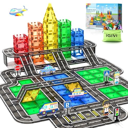 IGIVI 104 PCS Magnetic Tiles Road Set, STEM Construction Toys for Kids Ages 3-5 5-7 4-8, Magnet Building Blocks for Toddler Toys Games, Christmas Birthday Gifts for 3+ Year Old Boys Girls