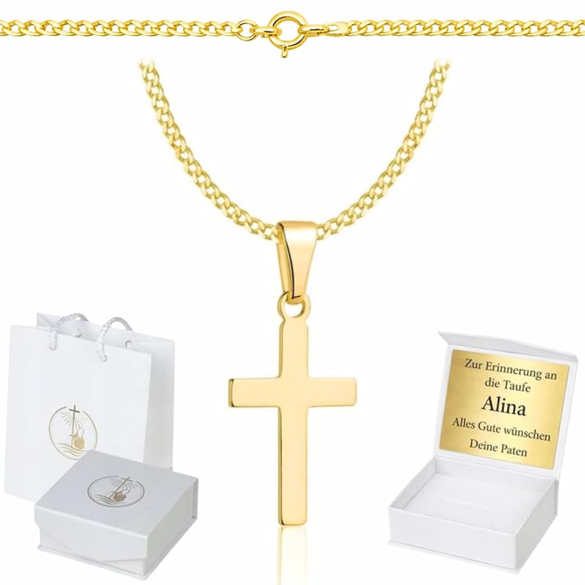 ZELYA Cadena de oro con cruz chapada en oro 925/585 de 14 quilates, cadena de eslabones para niñas y niños, cadena de comunión con cruz, cadena infantil para comunión y bautizo, caja de regalo con — view 7