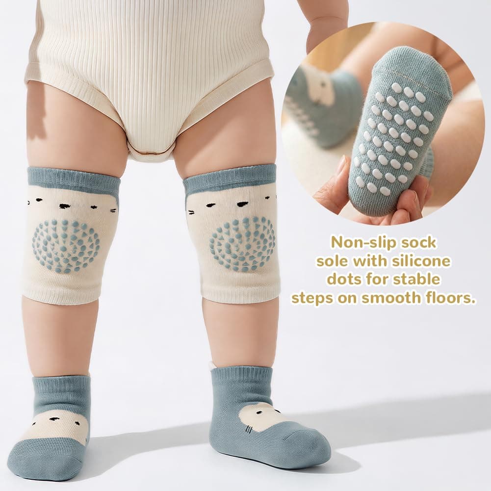 AOOTE Juego de 3 pares de rodilleras para bebés y 3 pares de calcetines para gatear, con puntos de goma, para niños y niñas — view 4