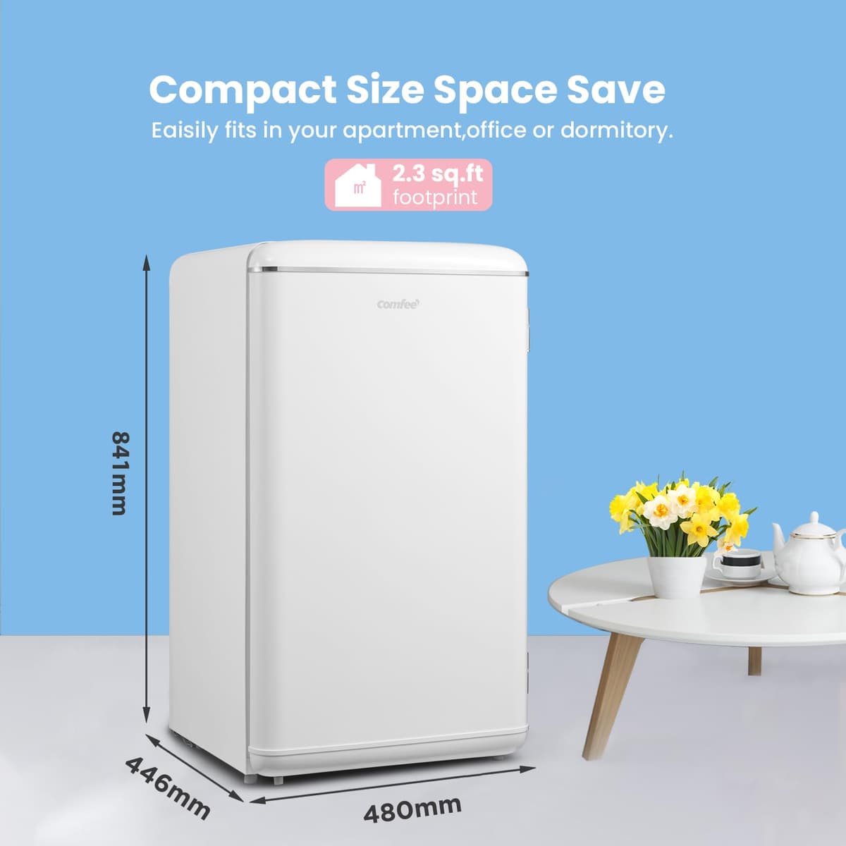 COMFEE' RCD93WH2UKRT(E) Under Counter Fridge Only, 93L Retro Freestanding Fridge with Chiller Box, Adjustable Thermostats, LED light, White — view 2