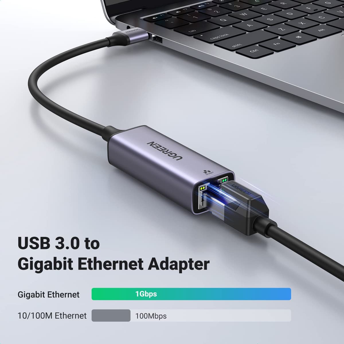 UGREEN USB Ethernet Adapter, 1000 Mbps Gigabit Network Adaptor, Aluminum RJ45 LAN Internet Adapter Driver Free Compatible with Switch, MacBook Pro 2022 2020,TV Box,XPS,Steam Deck (Grey Type A) — view 2