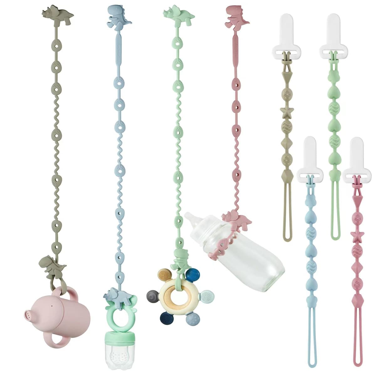 PandaEar Pack de 8 Correas para Juguetes de Bebé y Clips de Chupete de Silicona, Correas Arnés para Mordedor de Chupete de Dinosaurio y Clips Sujetadores de Chupete para Niños y Niñas