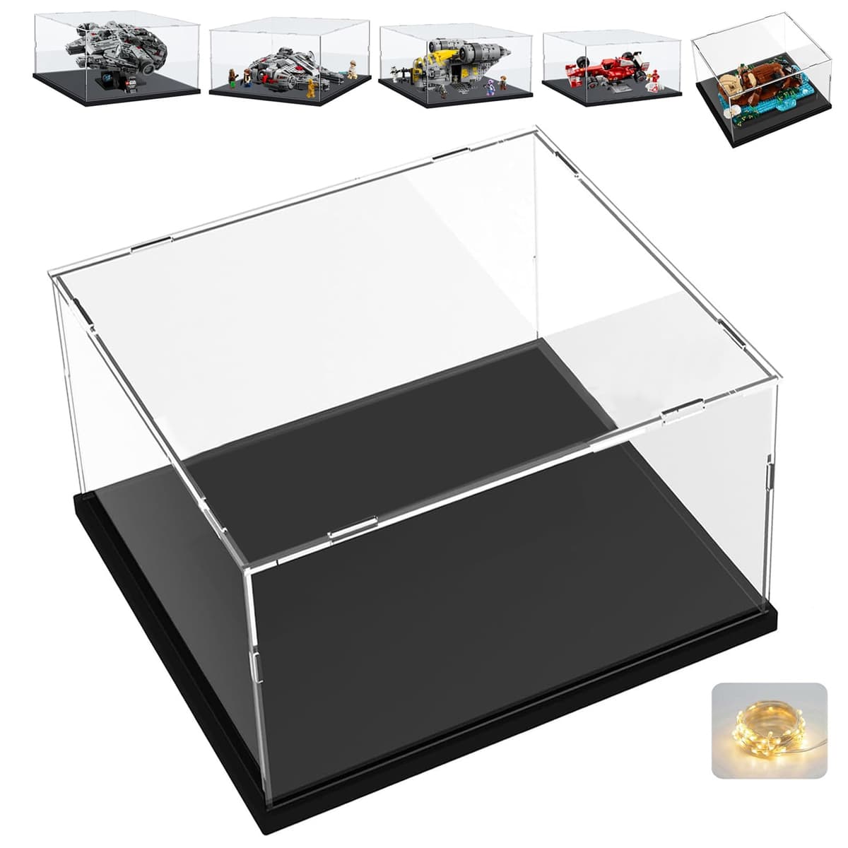 Vitrina Expositora para Colecciones Lego 75375 75426 Halcón Milenario 21366 Nutrias Marinas 75447 Razor Crest 11375 Ferrari F2004 21319 21328, Caja Transparente 3mm Acrílica Interior Negro 35x25x15cm