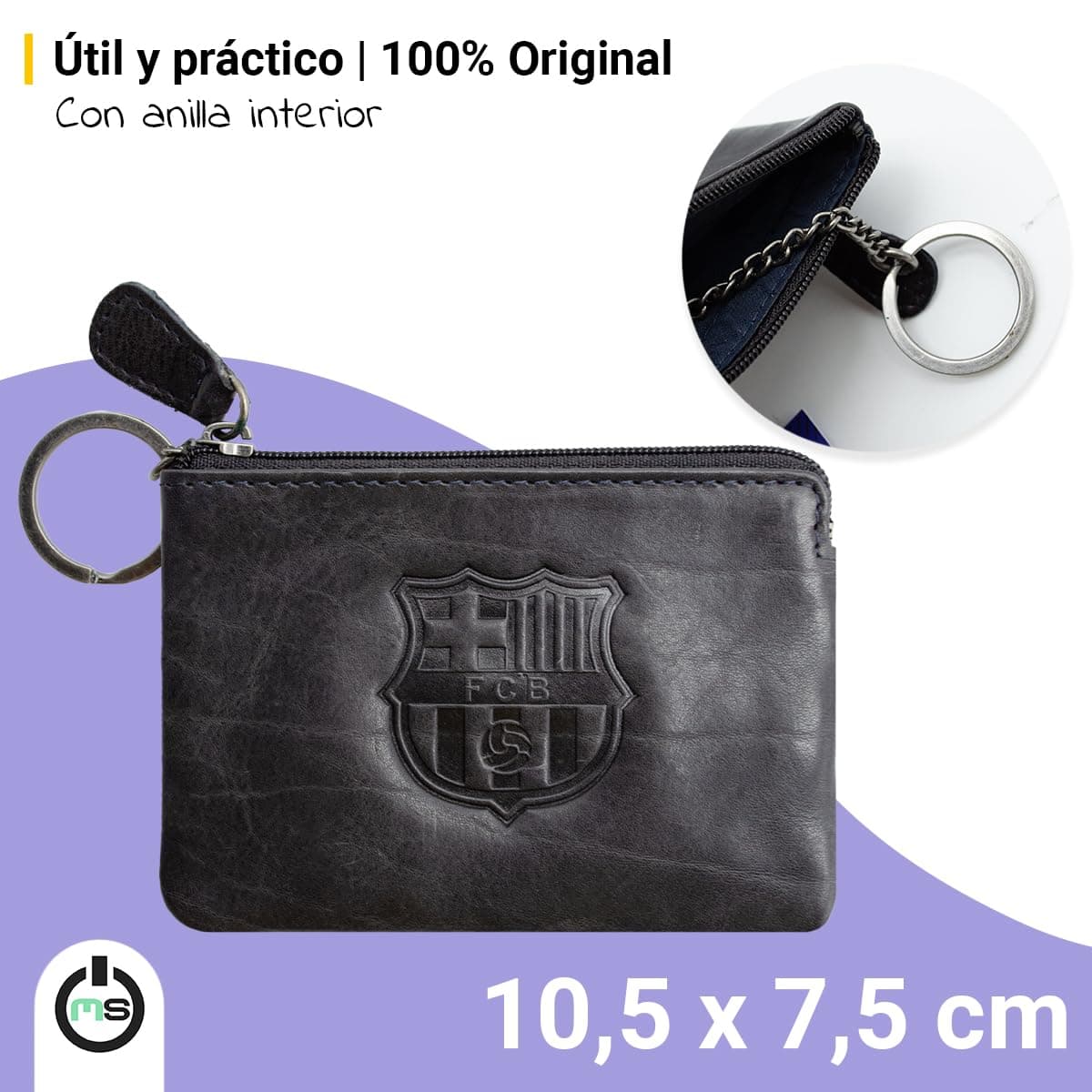 Monedero Piel FC Barcelona con Escudo Grabado | Mini Cartera Compacta con Cremallera | Accesorio Oficial Licenciado para Aficionados (Negro) — view 2