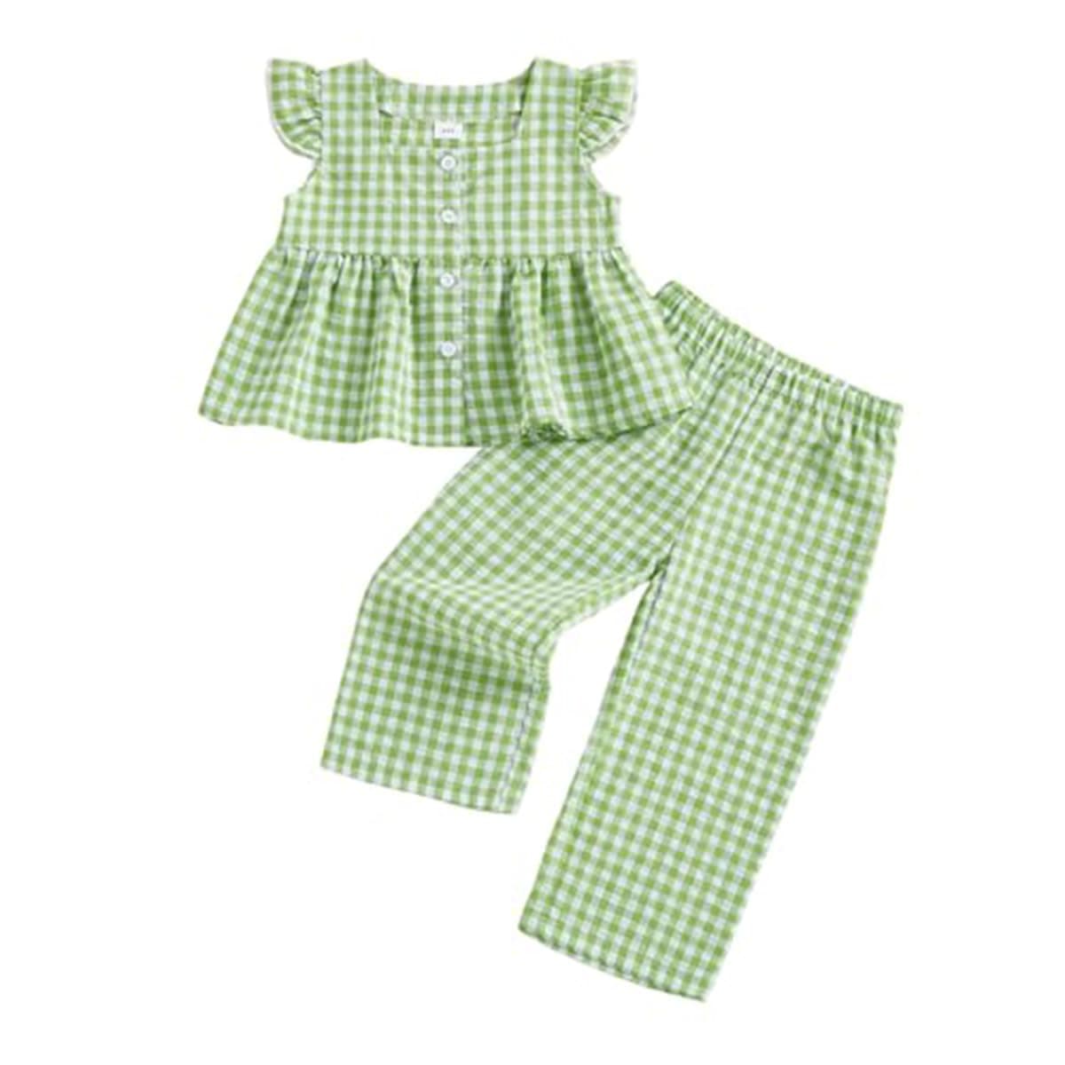Conjunto Verano para Niñas Pequeñas Color Liso/Cuadros Sin Mangas Con Volantes Camisetas y Pantalones Anchos de Lino Ropa Infantil de Primavera