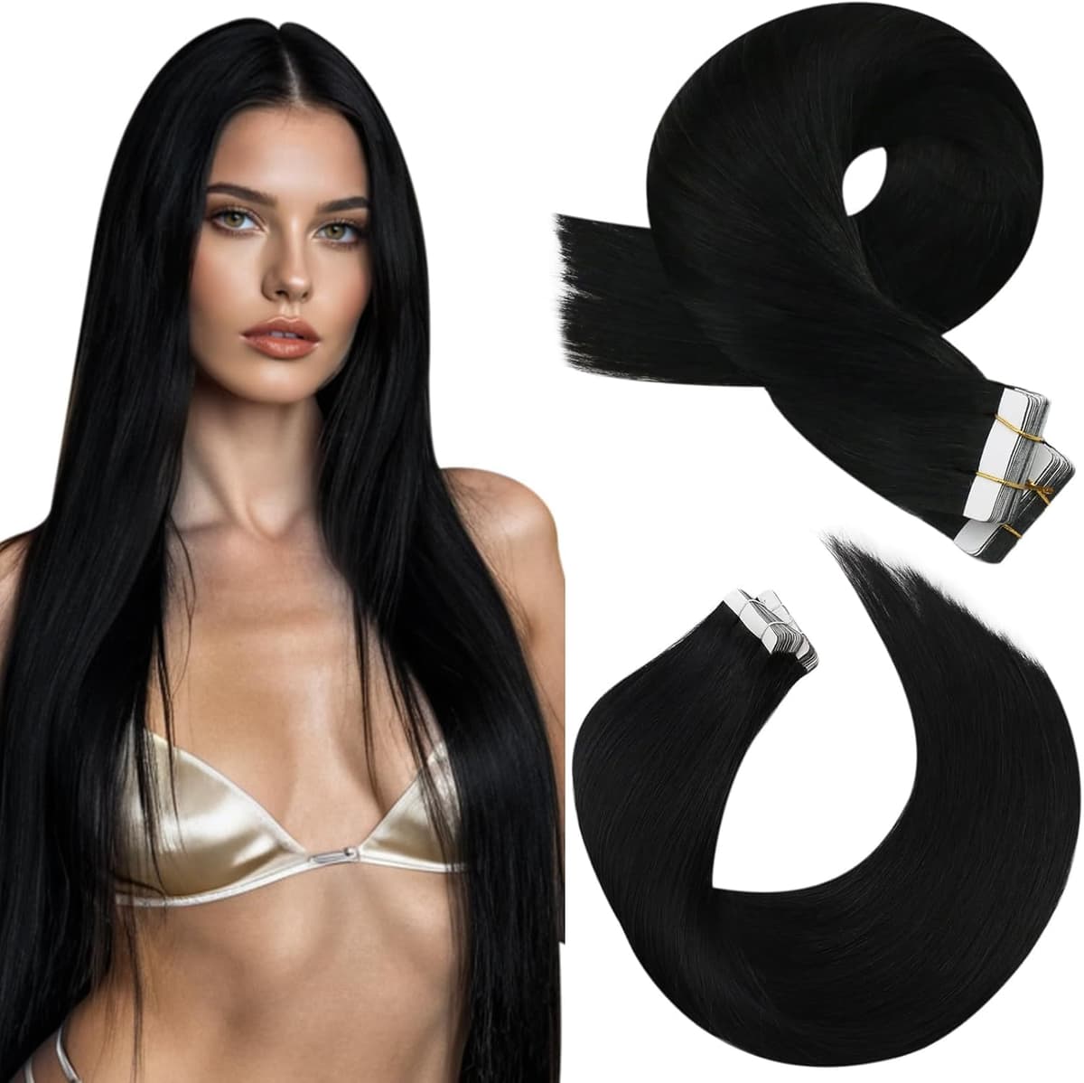 Moresoo Tape Hair Extensions Real Human Hair 18 Inch Jet Black Human Hair Extensions Tape in Black Remy Hair Straight Silky Soft for Women Natural Looking 20pcs/50g #1