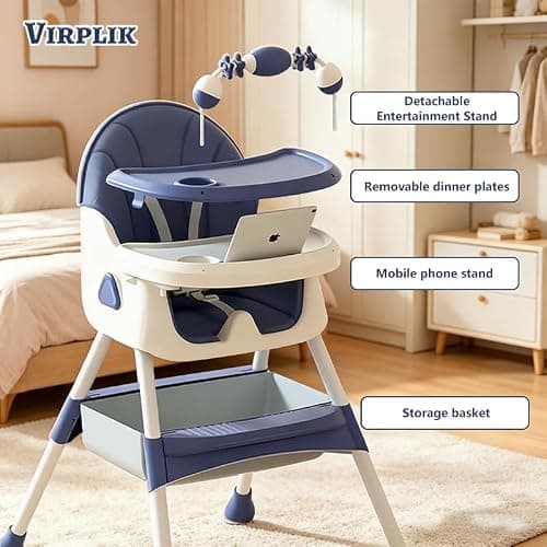 Foldable 4-in-1 Baby High Chair for Babies & Toddlers, High Chair with Detachable PU Cushion, Removable Tray, Adjustable Height, Locking Wheels,Blue — view 3