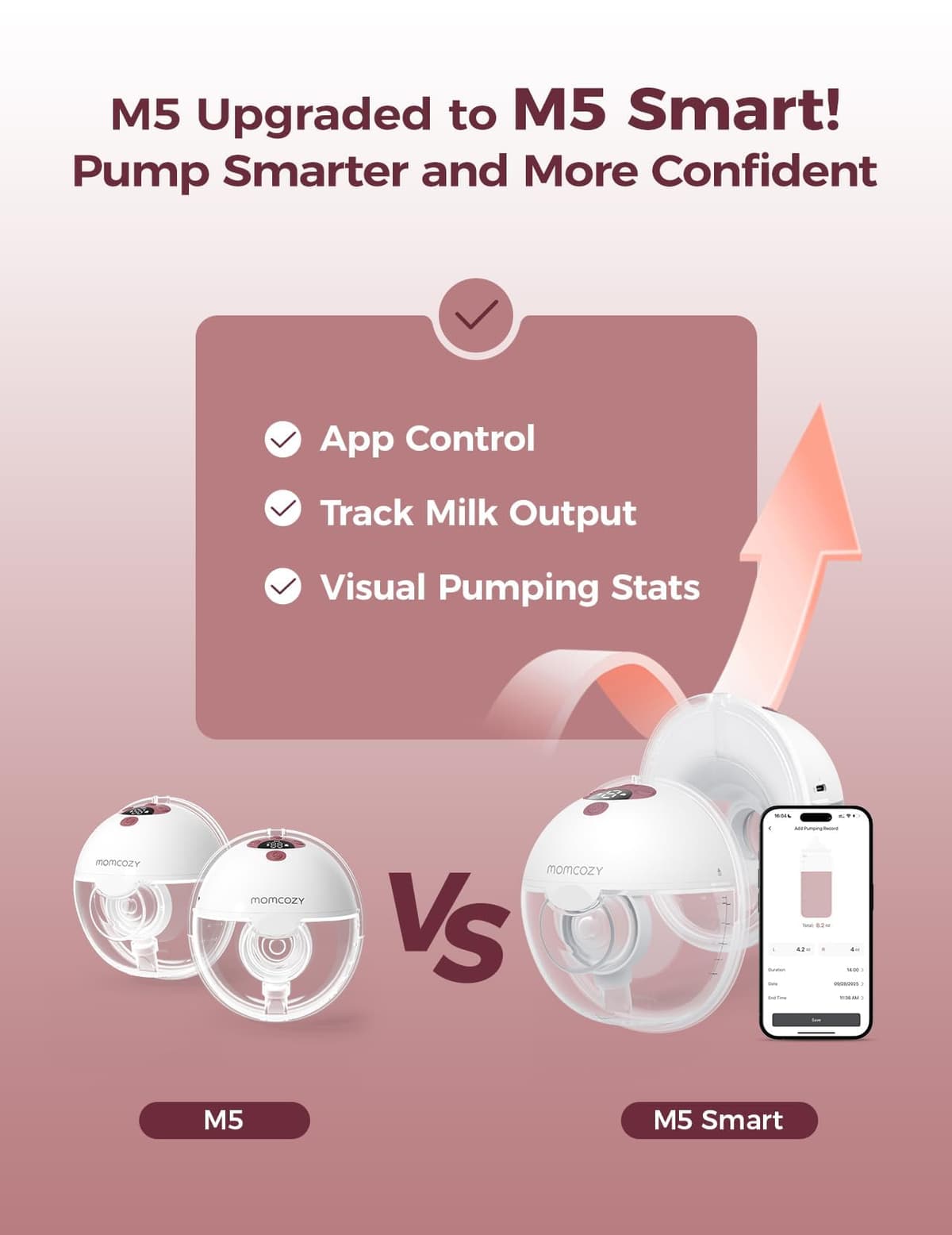 Momcozy M5 Smart Breast Pump, APP Controlled Wearable Hands‑Free Electric Pump, 3 Modes 9 Suction Levels, Portable Lightweight Pump, 24mm Flange, 2 Count, Cozy Red — view 2