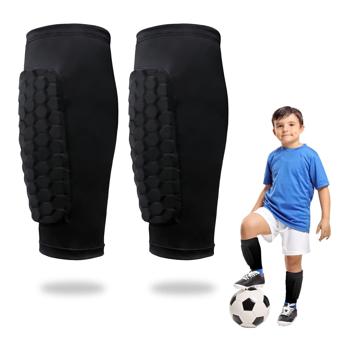 Espinilleras para niños con almohadillas de panal para fútbol, baloncesto, esquí, antigolpes, para niños y niñas