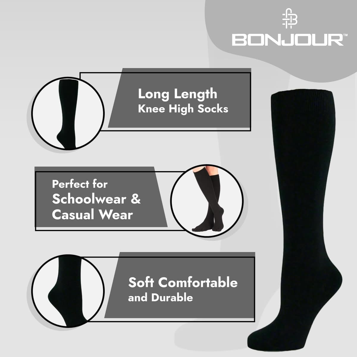 Bonjour® 6 Pairs Girls Kids Knee High School Socks Cotton Socks, Back to School Plain Socks Uniform Party Wear, Long Socks Girls Kids Knee High Socks for School — view 4