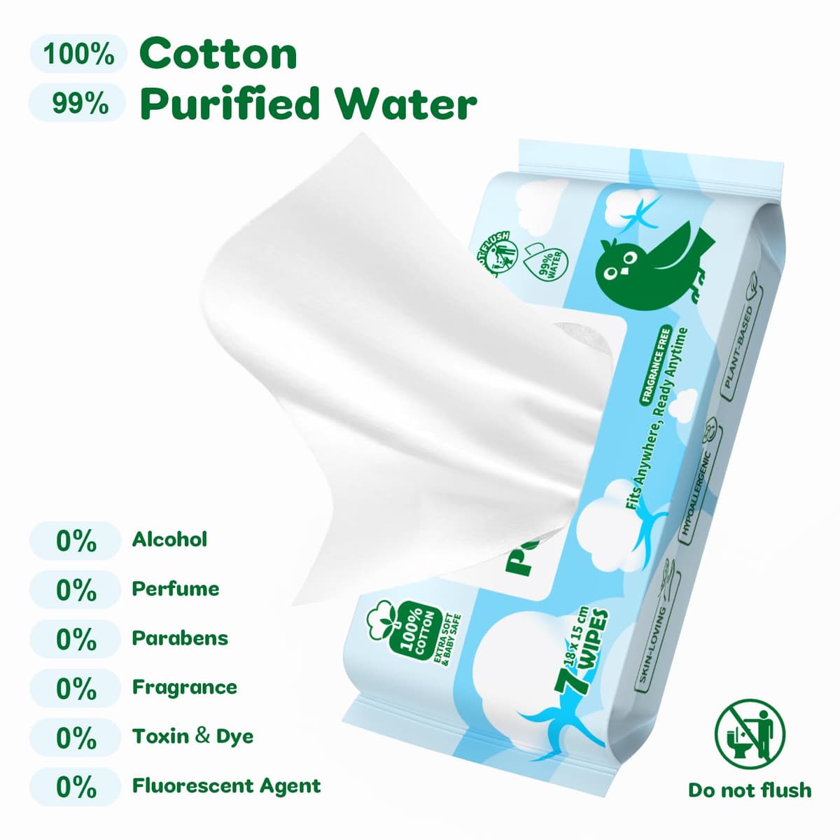 Mini Travel Wet Wipes, 100% Cotton Sensitive Pocket Size Wipes, 99% Water, Unscented, Hypoallergenic for Adults, Kids and Baby Care, Small Pack Hand & Face Wipes, 8 Pack (56 Wipes Total) — view 3