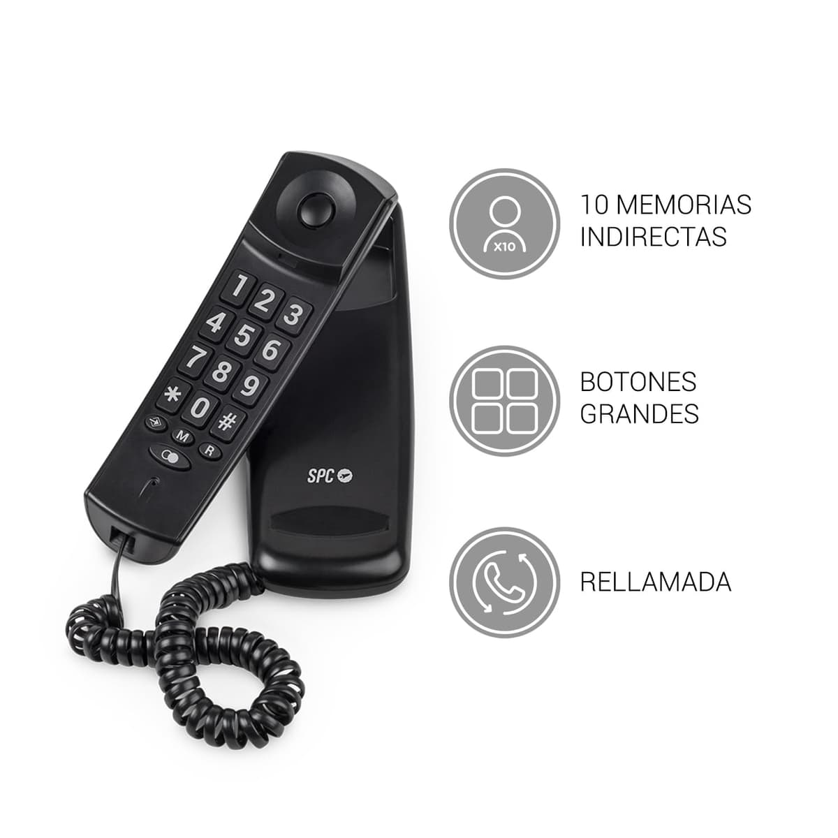 SPC Original Lite 2 – Teléfono Fijo sobremesa o Pared, Compacto y fácil de Usar, señal Luminosa 10 memorias indirectas, Teclas Grandes, función rellamada - Negro — view 3