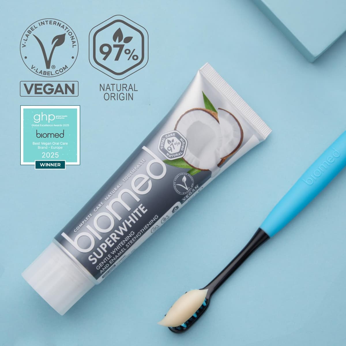 Pasta de dientes blanqueadora 97 % natural Biomed Superwhite, Fortalecedora de esmalte, Sabor a coco, apto para veganos, sin SLES 100 g — view 4