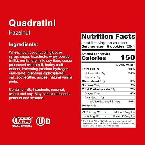 Loacker Quadratini | Bite Size Cream Filled Wafer Cookies | 30% Less Sugar | Non-GMO | No Artificial Flavorings, Added Colors, or Preservatives | Halal & Kosher (250 g (Pack of 1), Hazelnut)