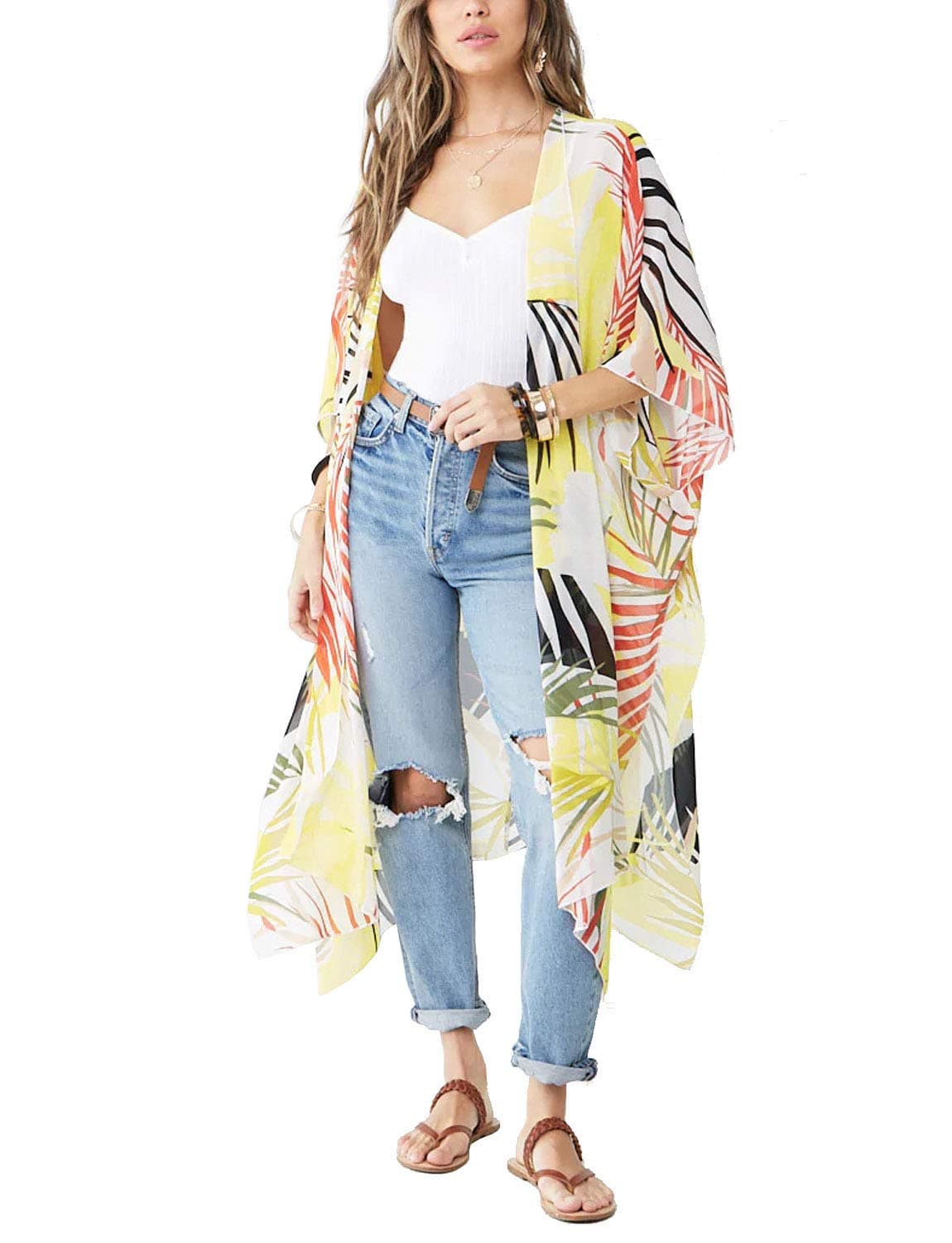 MayBuy Women's Summer Long Flowy Kimono Cardigans Boho Chiffon Floral Beach Cover Up Tops — view 10