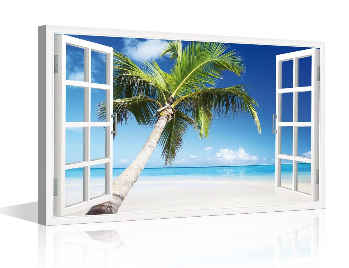 TISHIRON 3D Window View Seaside Effect Canvas Wall Art Prints for Living Room Bedroom Decor Office Kitchen Home Decoration Framed Ready to Hang 12x18inch — view 9