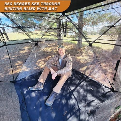 FUNHORUN Hunting Blind with Floor Mat, 360 Degree See Through Ground Blind for Deer/Turkey Hunting, 3/4 Person Pop Up Camouflage Tent with Carrying Bag — view 3