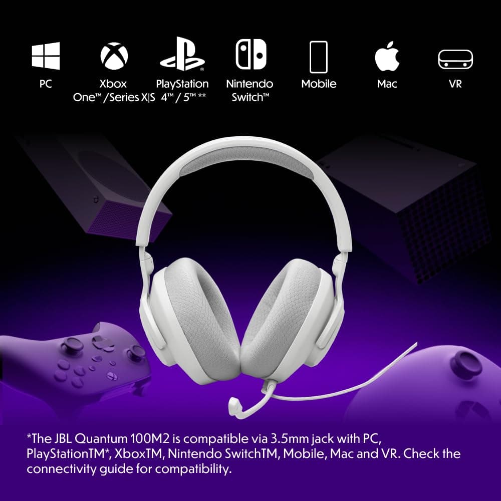 JBL Quantum 100M2 cascos circumaurales para gaming, JBL QuantumSOUND Signature, cable de audio de 3.5 mm, compatibles con múltiples plataformas, micrófono desmontable, función de silencio, blanco — view 3