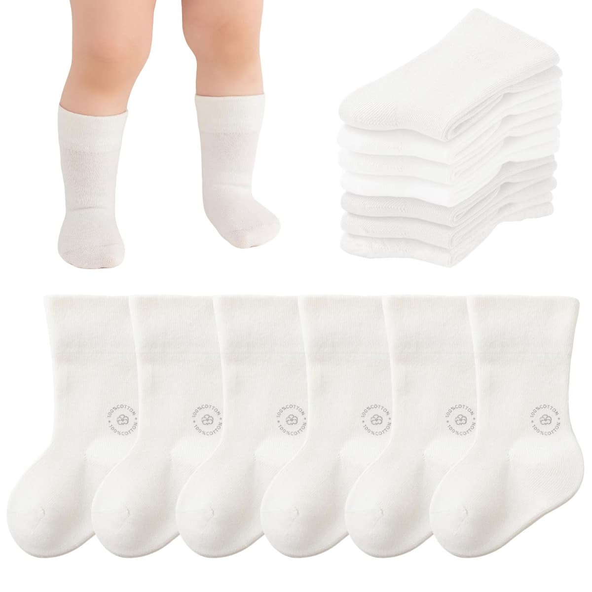 Bebés Calcetines de Algodón 6 Pares Colores sólidos Calcetines elásticos y suaves Niños Niñas — view 7