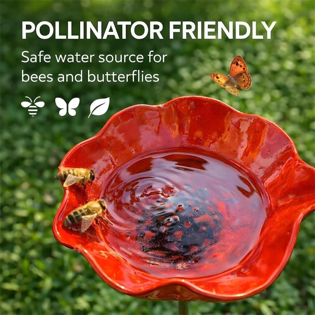 2026 New Handmade Metal Flower Garden Stake Bird Bath, Butterfly Bee Water Feeder with Flower Design, Colorful Outdoor Bird Bath Bowl for Yard, Lawn & Patio Decor (3pcs) — view 3