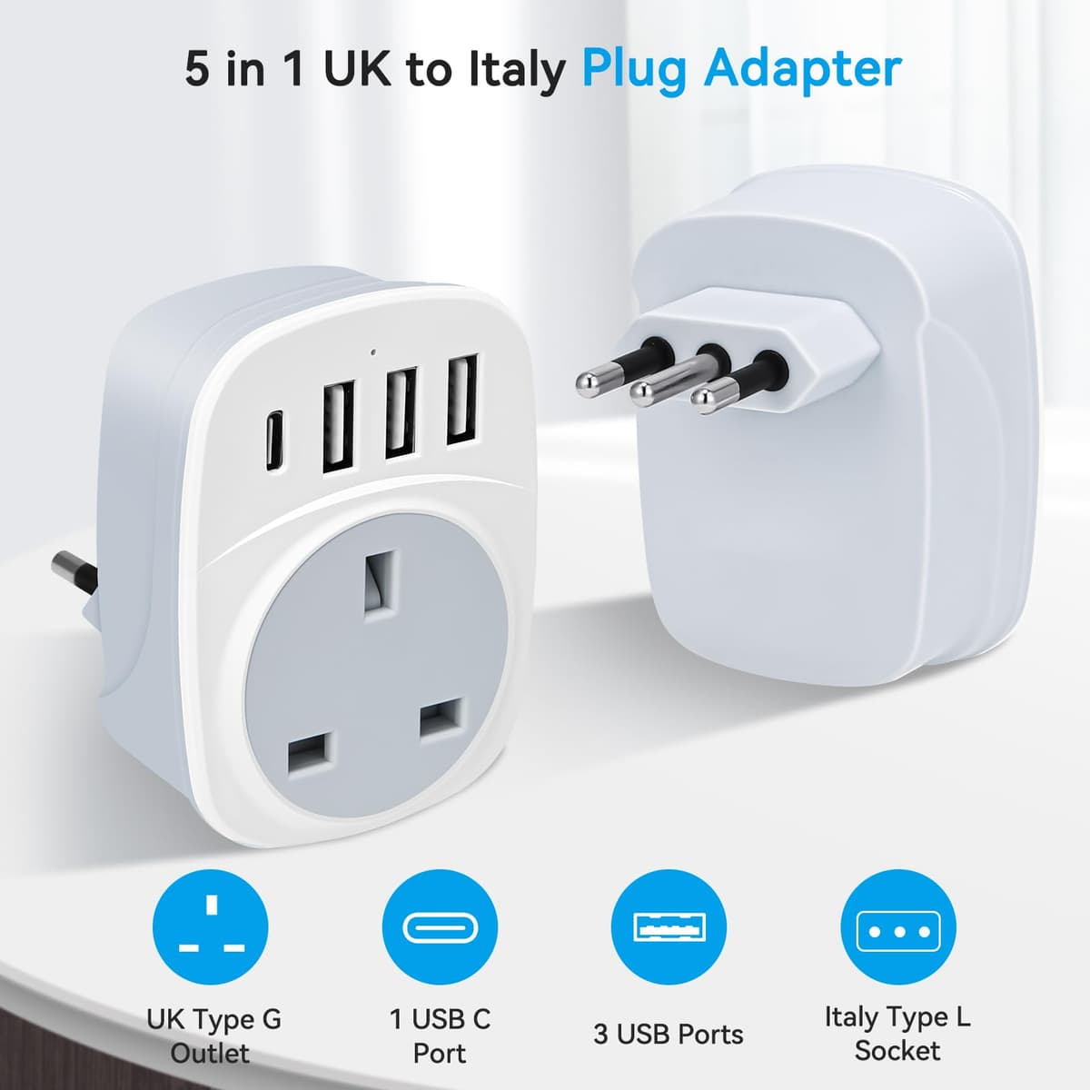 UK to Italy Plug Adapter,SHUOMAO UK to Italy Travel Adapter with 4 USB(17W USB C Charger),Converter Power Adapter for Italian Chile Ethiopia Libya Syria Tunisia Uruguay(Type L) — view 2