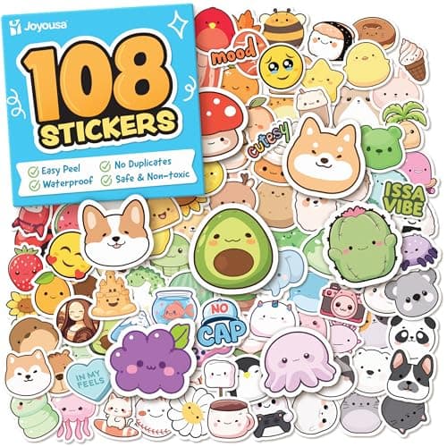 Cute Stickers for Kids Classroom Decor - 108pc Kawaii Water Bottle Stickers for Teens - Waterproof Vinyl Teacher Reward Stickers for Water Bottles, Scrapbook, Laptops - Back to School Supplies