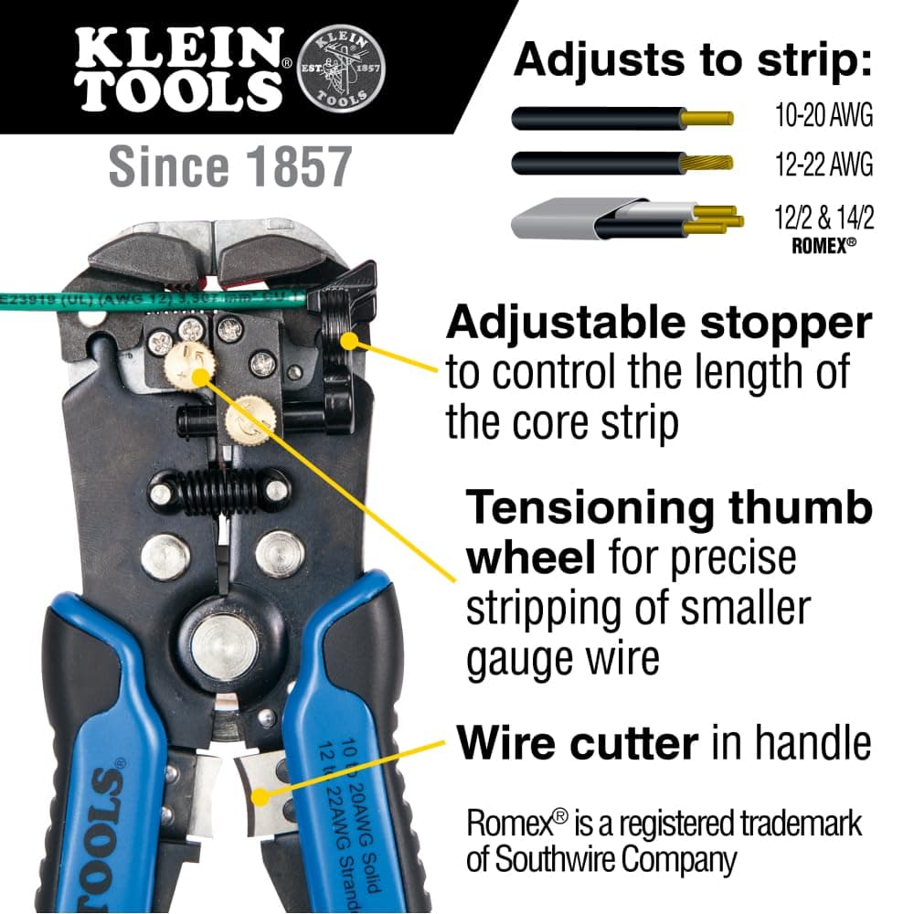 Klein Tools 11061 | Self-adjusting cable stripper 0.2 – 1 mm² | Self-adjusting head | Adjustable stop | Tension wheel | Integrated cutter | 21 cm — view 2
