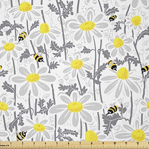 Ambesonne Grey Fabric by The Yard, Daisy Flowers Bees in Spring Time Honey Petals Floret Nature Purity Blooming, Stretch Knit Fabric for Clothing Sewing and Arts Crafts, 1 Yard, White Yellow