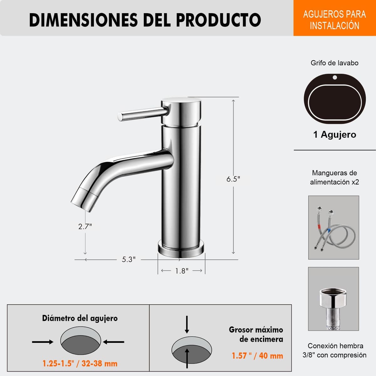 Ibergrif M11003 Grifo de Lavabo Monomando Mezclador de Baño en Acero Inoxidable con Aireador de Ahorro de Agua, Conexión G 3/8", Acabado Cromado — view 8