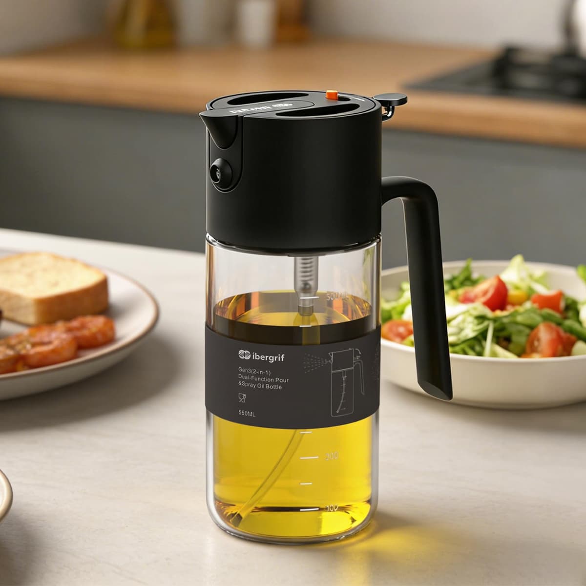 Ibergrif 2 en 1 Pulverizador de aceite 500ml – Rociador de aceite con Escala, Altura 202mm, Aceitera spray de Vidrio de borosilicato, Antigoteo para Freidora de aire, Barbacoa, Ensaladas, Negro, M530B — view 2