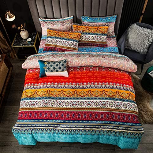 Bohemian Duvet Cover Set Full Colorful Floral Boho Striped Bedding Set Ultra Soft Microfiber Double Duvet Cover Southwestern Indian Tribal Reversible Bedding Exotic Style Decor Boho Comforter Cover