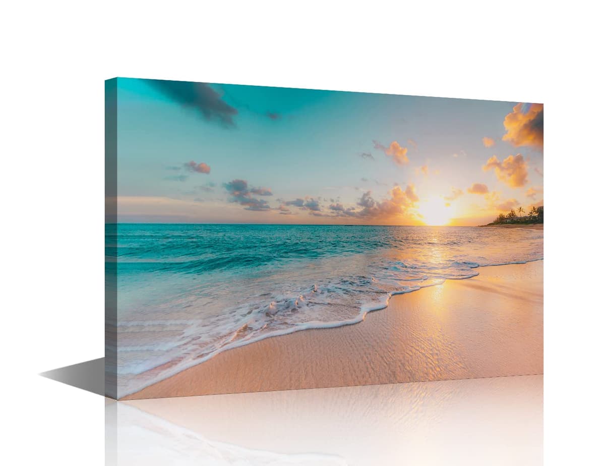 TISHIRON Wall Art Sandy Beach Sunrise Pictures Painting on Canvas Wall Art Modern Framed Seaside Canvas Prints Ready To Hang(24X16in) — view 17