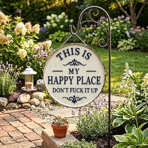 Happy Place – Vintage Statement Metal Sign, This is My Happy Place Don't Fuck It Up Round Garden Wall Decor, Hanging Signs & Plaques, Funny Home Decorative for Front Door 12in